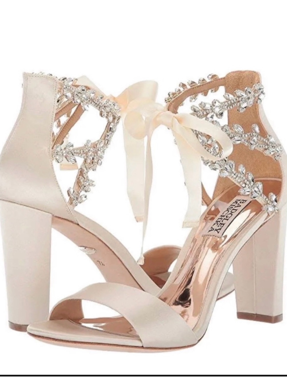 Badgley Mischka Ivory Satin Crystal-Ankle Tie Block Heels